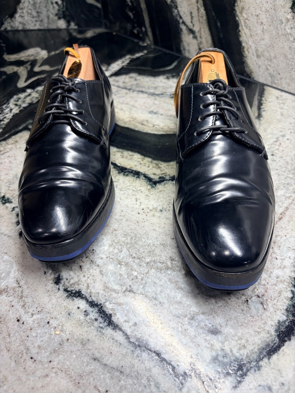 Prada Black Leather Derby Shoes Blue Rubber Sole Women’s EU 37 US 7 Italy - Picture 2 of 11